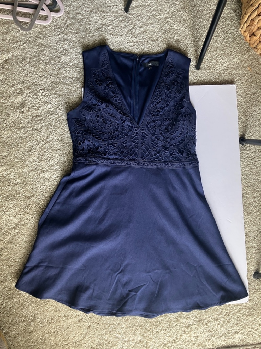 Lulu's Florentina Plunge Lace Fit-and-Flare Skater Dress - Navy Blue